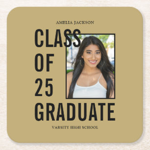 Posavasos Cuadrado De Papel Clase De 25 Fiesta De Graduación De Foto De Oro