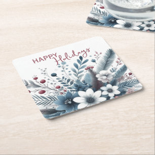 Posavasos Cuadrado De Papel Clásica Corona Navideña Floral Azul Teal Oscuro Ro