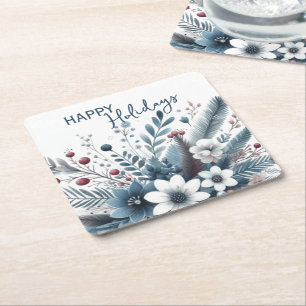 Posavasos Cuadrado De Papel Clásica Corona Navideña Floral Azul Teal Oscuro Ro