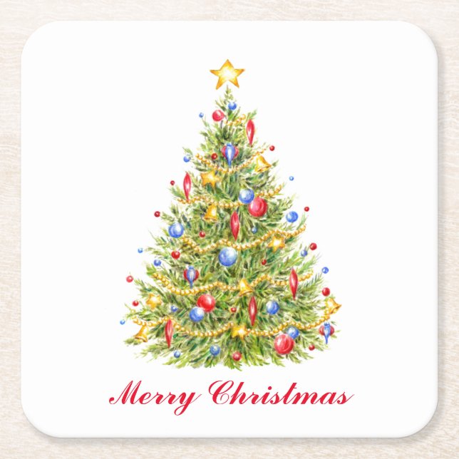 Posavasos Cuadrado De Papel Clásico Árbol de Navidad Merry Christmas Coasters (Anverso)