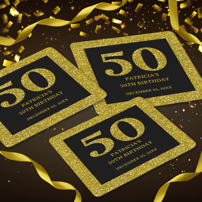 Posavasos Cuadrado De Papel Clásico Black And Gold Purpurina 50 cumpleaños (Classy Black Gold Glitter 50th Birthday Party favors glittery glam classy  coasters)