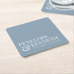 Posavasos Cuadrado De Papel Clásico Elegante Sencillo Personalizado Boda Azul 