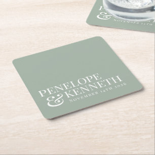 Posavasos Cuadrado De Papel Clásico Elegante Sencillo Personalizado Boda Sage