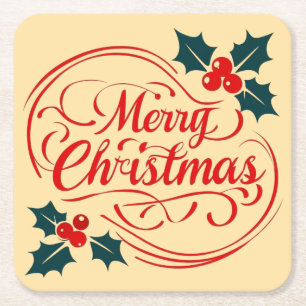 Posavasos Cuadrado De Papel Clásico Merry Christmas Holerry Holiday Art