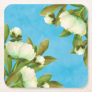 Posavasos Cuadrado De Papel Clásico ramo floral de peonías blancas