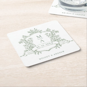 Posavasos Cuadrado De Papel Clásico Verde Salvia Floral Cresta Monogramas Boda