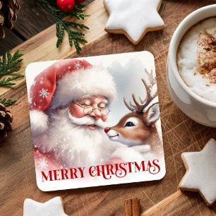 Posavasos Cuadrado De Papel Clásicos Coasters Navideños de Santa Claus y Rudol