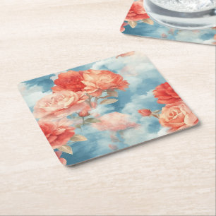 Posavasos Cuadrado De Papel Clásicos - Rosas rosadas y rojas angelicales en nu