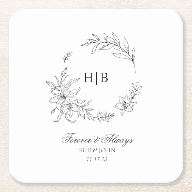 Posavasos Cuadrado De Papel Classic Floral Wreath Monogram Wedding (Anverso)