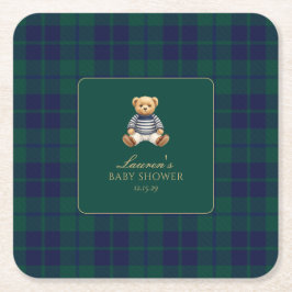 Posavasos Cuadrado De Papel Classic Green Navy Plaid Bear Baby Shower