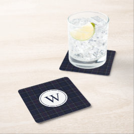 Posavasos Cuadrado De Papel Classic Navy Blue Plaid Christmas Monogram