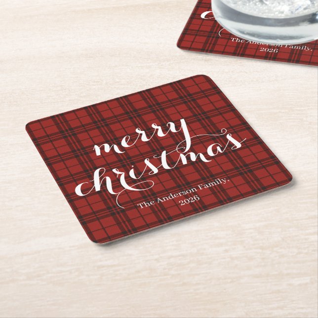 Posavasos Cuadrado De Papel Classic Plaid Merry Christmas Festive -  (En perspectiva)