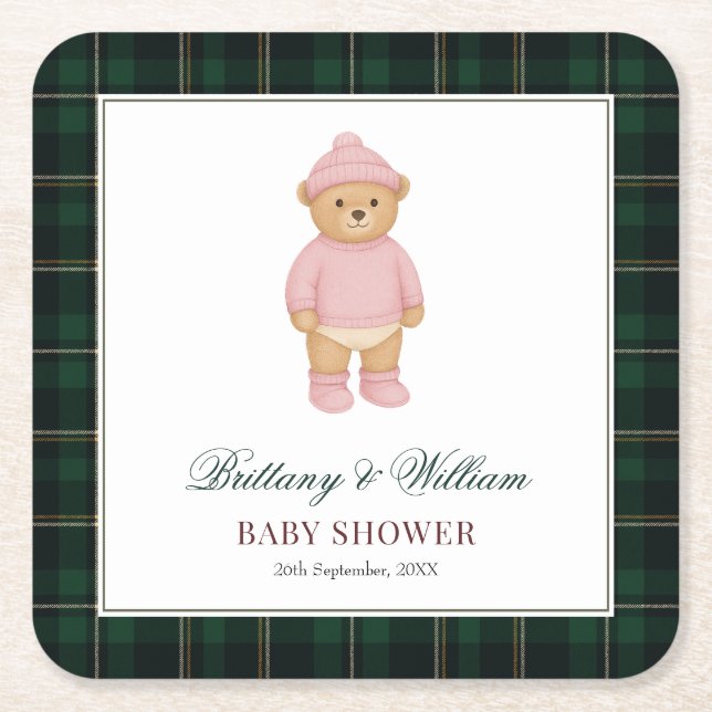 Posavasos Cuadrado De Papel Classic Preppy Bear Green Tartan Plaid Baby Shower (Anverso)
