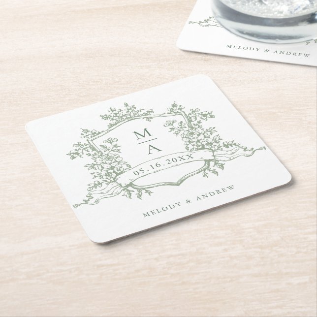 Posavasos Cuadrado De Papel Classic Sage Green Floral Crest Monograms Wedding  (En perspectiva)