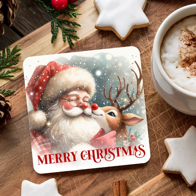 Posavasos Cuadrado De Papel Classic Santa and Rudolph Cute Holiday Coasters (Classic Santa and Rudolph Cute Holiday Coasters)