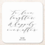 Posavasos Cuadrado De Papel Classic To Love Laughter Cita Boda Blanco Negro<br><div class="desc">Añade un toque de moda a tu hora de cóctel o fiesta de compromiso con esta montaña de papel. El diseño presenta la cita "Amar, reír y felices para siempre" en una tipografía de escritura clásica y 2 líneas de texto, genial para tu monograma, nombres y el año de tu...</div>