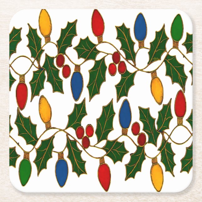Posavasos Cuadrado De Papel Cloisonne Art Christmas Lights and Holly (Anverso)