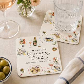 Posavasos Cuadrado De Papel Club de Cena Costero Caprichoso Acuarela
