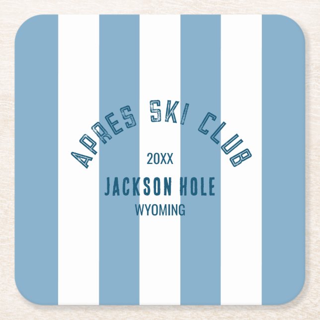 Posavasos Cuadrado De Papel Club de esquí Apres Ski Retro Azul Cabaña a rayas  (Anverso)
