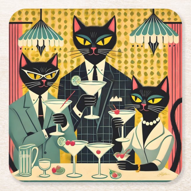 Posavasos Cuadrado De Papel Club Retro Futurista Black Cat Martini (Anverso)