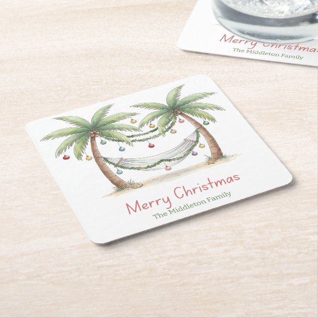 Posavasos Cuadrado De Papel Coastal Christmas Palm Trees With Hammock (En perspectiva)