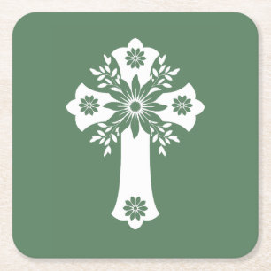 Posavasos Cuadrado De Papel Coasters Floral Cross Fern Green