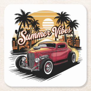 Posavasos Cuadrado De Papel Coche Clásico Vibraciones de Verano