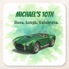Posavasos Cuadrado De Papel Coche de Carreras verde de fiesta de cumpleaños de