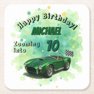 Posavasos Cuadrado De Papel Coche de Carreras verde de fiesta de cumpleaños de