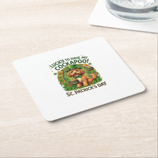 Posavasos Cuadrado De Papel Cockapoo Día de San Patricio Perro Afortunado Olla