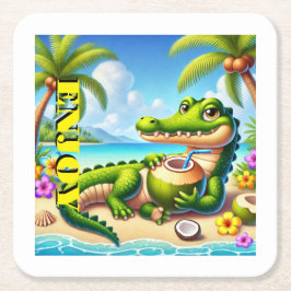 POSAVASOS CUADRADO DE PAPEL COCODRILLO CON AGUA DE COCO