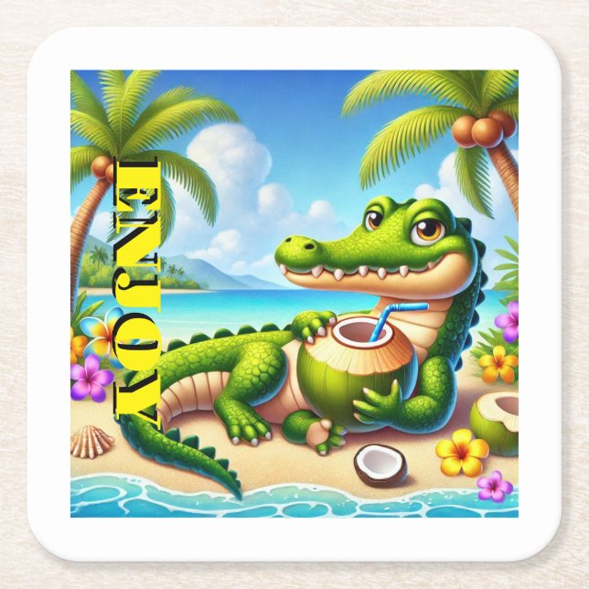 POSAVASOS CUADRADO DE PAPEL COCODRILLO CON AGUA DE COCO (Anverso)