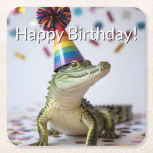 Posavasos Cuadrado De Papel Cocodrilo con sombrero de cumpleaños de arcoíris