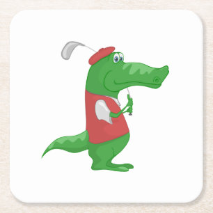 Posavasos Cuadrado De Papel Cocodrilo que juega el dibujo animado del golf