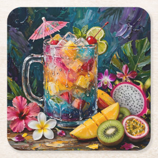 Posavasos Cuadrado De Papel Cóctel Arcoíris Tropical Frutas Exóticas