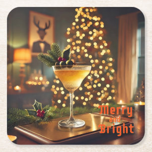 Posavasos Cuadrado De Papel Cóctel de Navidad de mediados de siglo Alegre y Br