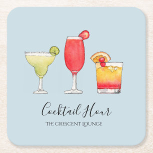Posavasos Cuadrado De Papel Cócteles de bebidas mixtas en acuarela