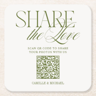 Posavasos Cuadrado De Papel Código QR Compartir el Amor Verde Oliva Boda