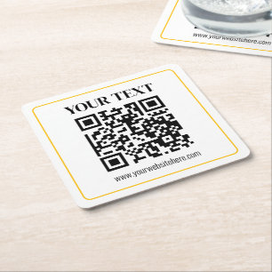 Posavasos Cuadrado De Papel Código QR editable y texto con borde de oro amaril