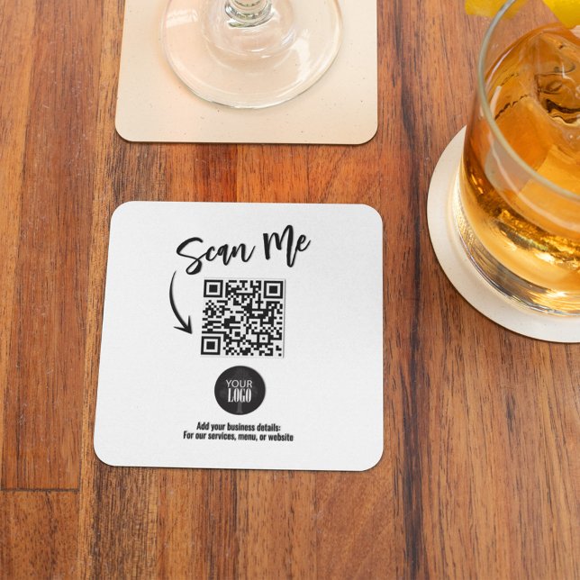 Posavasos Cuadrado De Papel Código QR Empresarial Escanear Me Simple (Modern business QR code coaster for branding and menus.)