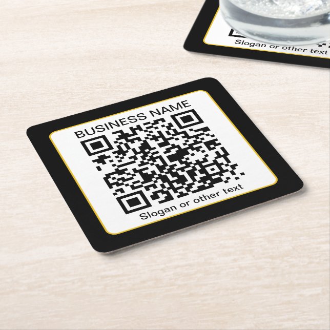 Posavasos Cuadrado De Papel Código QR escaneable editable + su nombre comercia (En perspectiva)