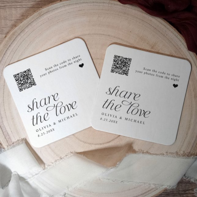 Posavasos Cuadrado De Papel Código QR Foto compartida Boda simple moderno (Personalized wedding coasters with QR codes for guests to upload photos.)