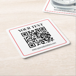 Posavasos Cuadrado De Papel Código QR simple en blanco y negro con borde rojo