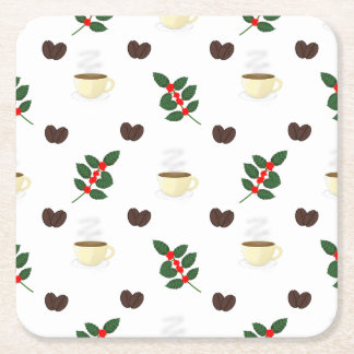 Posavasos Cuadrado De Papel Coffee Pattern with Beans, Cups, and Coffee trees
