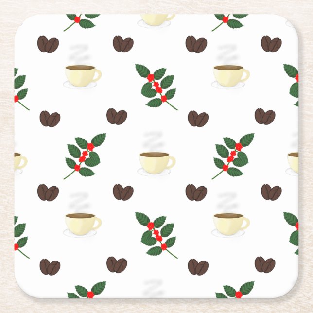Posavasos Cuadrado De Papel Coffee Pattern with Beans, Cups, and Coffee trees (Anverso)
