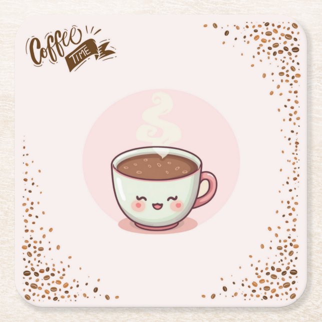 Posavasos Cuadrado De Papel Coffee Pink Aesthetic Kwaii style Coaster (Anverso)
