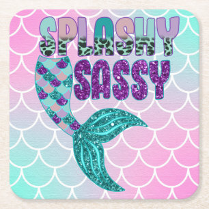 Posavasos Cuadrado De Papel Cola de sirena rosa púrpura verde femenina y brill