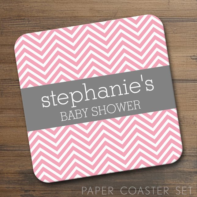 Posavasos Cuadrado De Papel Colección de Baby Shower de Chevrons rosa y gris p (Custom Coaster Set)