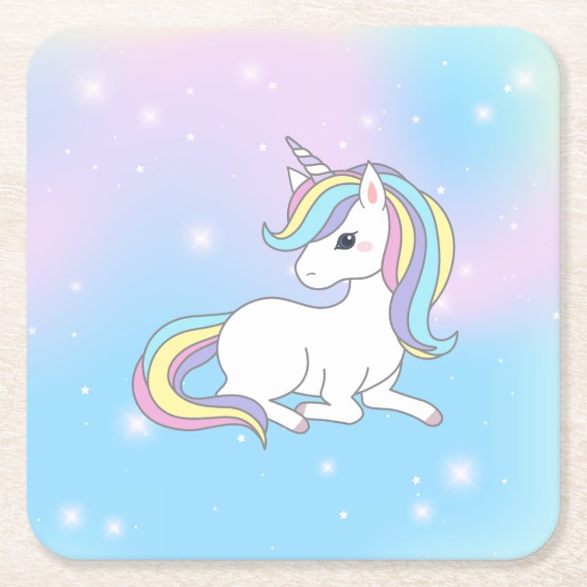 Posavasos Cuadrado De Papel Colección de Fiestas de Unicorn! (Anverso)