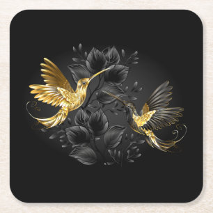Posavasos Cuadrado De Papel Colibrí negro y dorado